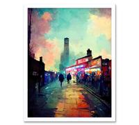 Artery8 Wall Art Print Brick Lane London 1960's Night Street Scene Oil Painting Art Framed in White | Size: W12" x H16" Artery8 White W12" x H16"