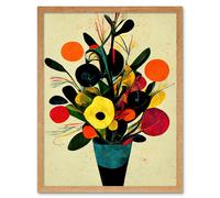 Artery8 Wall Art Print Bright Autumnal Flower Bouquet Vase Midcentury Style Painting Abstract Yellow Orange Red Teal Art Framed | Size: W12" x H16" Artery8 Light Oak W12" x H16"