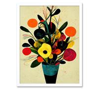 Artery8 Wall Art Print Bright Autumnal Flower Bouquet Vase Midcentury Style Painting Abstract Yellow Orange Red Teal Art Framed | Size: W12" x H16" Artery8 White W12" x H16"