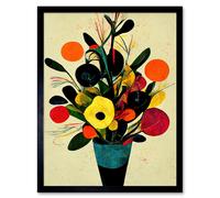 Artery8 Wall Art Print Bright Autumnal Flower Bouquet Vase Midcentury Style Painting Abstract Yellow Orange Red Teal Art Framed | Size: W12" x H16" Artery8 Black W12" x H16"