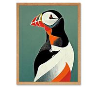 Artery8 Wall Art Print Bright Bold Colourful Atlantic Puffin Bird Portrait Art Framed in Light Oak | Size: W12" x H16" Artery8 Light Oak W12" x H16"