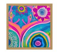 Artery8 Wall Art Print Bright Bold Modern Abstract Floral Watercolour Mandala Square Framed Picture 16X16 Inch in Light Oak | Size: W16" x H16" Artery8 Light Oak W16" x H16"