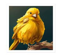 Artery8 Wall Art Print Bright Canary Bird Perched on Branch Yellow Oil Painting Square Framed Picture 16X16 Inch in White | Size: W16" x H16" Artery8 White W16" x H16"