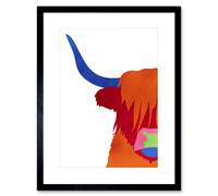 Artery8 Wall Art Print Bright Highland Scottish Cow Bull Coo Colourful Framed Art in Black | Size: W7" x H9" Artery8 Black W7" x H9"