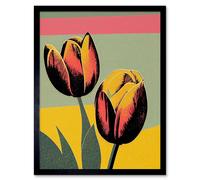 Artery8 Wall Art Print Bright Modern Silkscreen Tulip Blooms Stencil Dusky Pink Sage Green Mustard Yellow Art Framed in Black | Size: W12" x H16" Artery8 Black W12" x H16"