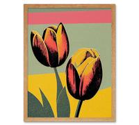 Artery8 Wall Art Print Bright Modern Silkscreen Tulip Blooms Stencil Dusky Pink Sage Green Mustard Yellow Art Framed in Light Oak | Size: W12" x H16" Artery8 Light Oak W12" x H16"