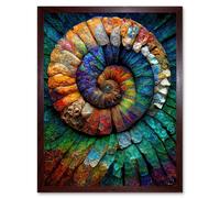 Artery8 Wall Art Print Bright Multicoloured Ammonite Fossil Art Framed in Brown | Size: W12" x H16" Artery8 Brown W12" x H16"