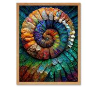 Artery8 Wall Art Print Bright Multicoloured Ammonite Fossil Art Framed in Light Oak | Size: W12" x H16" Artery8 Light Oak W12" x H16"