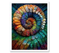 Artery8 Wall Art Print Bright Multicoloured Ammonite Fossil Art Framed in White | Size: W12" x H16" Artery8 White W12" x H16"