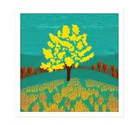 Artery8 Wall Art Print Bright Yellow Tree On Turquoise Hill Modern Autumn Square Framed Picture 16X16 Inch in White | Size: W16" x H16" Artery8 White W16" x H16"