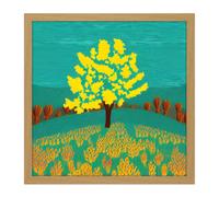 Artery8 Wall Art Print Bright Yellow Tree On Turquoise Hill Modern Autumn Square Framed Picture 16X16 Inch in Light Oak | Size: W16" x H16" Artery8 Light Oak W16" x H16"