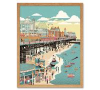 Artery8 Wall Art Print Brighton Beach Pier & Sandy Summer Scene Art Framed in Light Oak | Size: W12" x H16" Artery8 Light Oak W12" x H16"