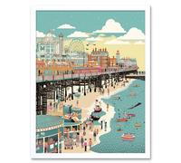 Artery8 Wall Art Print Brighton Beach Pier & Sandy Summer Scene Art Framed in White | Size: W12" x H16" Artery8 White W12" x H16"