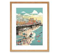 Artery8 Wall Art Print Brighton Beach Pier & Sandy Summer Scene Artwork Framed 9X7 Inch in Beige | Size: W7" x H9" Artery8 Beige W7" x H9"