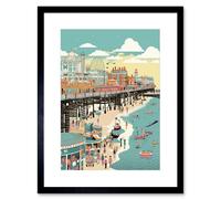 Artery8 Wall Art Print Brighton Beach Pier & Sandy Summer Scene Artwork Framed 9X7 Inch in Black | Size: W7" x H9" Artery8 Black W7" x H9"