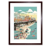 Artery8 Wall Art Print Brighton Beach Pier & Sandy Summer Scene Artwork Framed 9X7 Inch in Brown | Size: W7" x H9" Artery8 Brown W7" x H9"