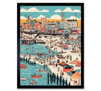 Artery8 Wall Art Print Brighton Beach Warm Summer Day Colourful Scene Art Framed in Black | Size: W12" x H16" Artery8 Black W12" x H16"