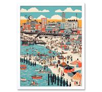 Artery8 Wall Art Print Brighton Beach Warm Summer Day Colourful Scene Art Framed in White | Size: W12" x H16" Artery8 White W12" x H16"