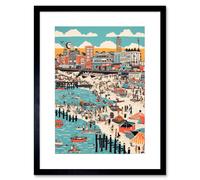 Artery8 Wall Art Print Brighton Beach Warm Summer Day Colourful Scene Artwork Framed 9X7 Inch in Black | Size: W7" x H9" Artery8 Black W7" x H9"