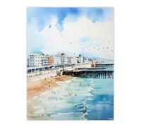 Artery8 Brighton Beach Watercolour Painting Orange Blue Busy Promenade Coastal City Landscape Extra Large XL Wall Art Poster Print