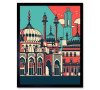 Artery8 Wall Art Print Brighton's Royal Pavilion in Ivory Blue & Red Art Framed in Black | Size: W12" x H16" Artery8 Black W12" x H16"