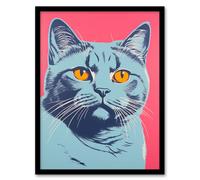 Artery8 Wall Art Print British Shorthair Cat Blue On Coral Pink Bold Vibrant Screen Risograph Artwork Spot Block Colour Duotone Retro Riso Interior Artery8 Black W12" x H16"