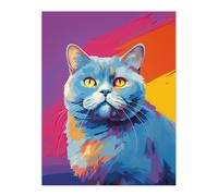 Artery8 British Shorthair Cat Lover Gift Pet Portrait Purple Orange Blue Artwork Painting Large Wall Art Poster Print Thick Paper 18X24 Inch