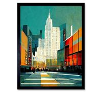 Artery8 Framed Wall Art Broadway New York Abstract Midcentury Cityscape Orange Teal - 12X16 Inch
