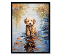 Artery8 Brown Cockapoo And Autumn Leaves In Lake Claude Monet Style Dog Oil Painting Artwork Framed Wall Art Print A4