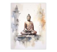 Wall Art Print Buddha Vihara Meditation Prayer Soft Neutral Watercolour Painting Poster Artery8 Beige W24 inch x H32 inch