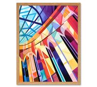 Artery8 Wall Art Print Building with Glass Roof Modern Art Deco Colour Block Modern Watercolour Painting Art Framed in Light Oak | Size: W12" x H16" Artery8 Light Oak W12" x H16"
