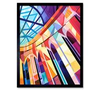 Artery8 Wall Art Print Building with Glass Roof Modern Art Deco Colour Block Modern Watercolour Painting Art Framed in Black | Size: W12" x H16" Artery8 Black W12" x H16"
