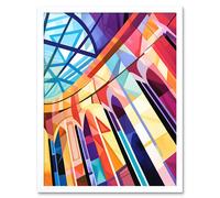 Artery8 Wall Art Print Building with Glass Roof Modern Art Deco Colour Block Modern Watercolour Painting Art Framed in White | Size: W12" x H16" Artery8 White W12" x H16"