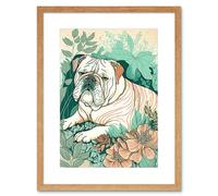 Artery8 Wall Art Print Bulldog Lying in a Flower Field Modern Pastel Colour Linocut Artwork Framed 9X7 Inch in Beige | Size: W7" x H9" Artery8 Beige W7" x H9"