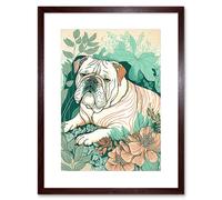 Artery8 Wall Art Print Bulldog Lying in a Flower Field Modern Pastel Colour Linocut Artwork Framed 9X7 Inch in Brown | Size: W7" x H9" Artery8 Brown W7" x H9"