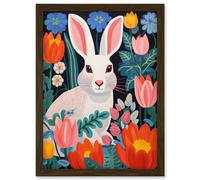 Wall Art Print Bunny Rabbit in Colourful Bold Vibrant Flowers Kids Bedroom Floral Artwork Garden Spring Blooms Artwork Framed A4 Artery8 Brown A4
