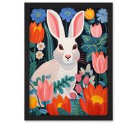 Artery8 Wall Art Print Bunny Rabbit in Colourful Bold Vibrant Flowers Kids Bedroom Floral Artwork Garden Spring Blooms Artwork Framed A4 in Black Artery8 Black A4