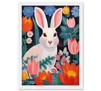 Artery8 Wall Art Print Bunny Rabbit in Colourful Bold Vibrant Flowers Kids Bedroom Floral Artwork Garden Spring Blooms Artwork Framed A4 in White Artery8 White A4