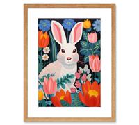 Artery8 Wall Art Print Bunny Rabbit in Colourful Bold Vibrant Flowers Kids Bedroom Floral Artwork Garden Spring Blooms Artwork Framed 9X7 Inch Artery8 Beige W7" x H9"