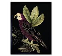 Artery8 Framed Wall Art Burgundy Parrot Leaves Tree Branch On Black Vintage Linocut - 12X16 Inch