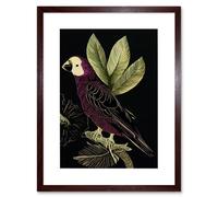 Artery8 Wall Art Print Burgundy Parrot Leaves Tree Branch on Black Vintage Linocut Artwork Framed 9X7 Inch in Brown | Size: W7" x H9" Artery8 Brown W7" x H9"