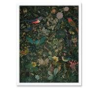 Artery8 Wall Art Print Butterflies & Birds on Flowering Shrub Folk Art Framed in White | Size: W12" x H16" Artery8 White W12" x H16"