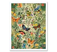 Artery8 Wall Art Print Butterflies Flying in Spring Field Modern Folk Art Framed in White | Size: W12" x H16" Artery8 White W12" x H16"