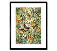 Artery8 Wall Art Print Butterflies Flying in Spring Field Modern Folk Artwork Framed 9X7 Inch in Black | Size: W7" x H9" Artery8 Black W7" x H9"