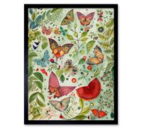 Artery8 Wall Art Print Butterflies & Leaves Folk Art Watercolour Painting Art Framed in Black | Size: W12" x H16" Artery8 Black W12" x H16"