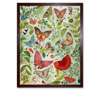 Artery8 Wall Art Print Butterflies & Leaves Folk Art Watercolour Painting Art Framed in Brown | Size: W12" x H16" Artery8 Brown W12" x H16"