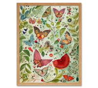 Artery8 Wall Art Print Butterflies & Leaves Folk Art Watercolour Painting Art Framed in Light Oak | Size: W12" x H16" Artery8 Light Oak W12" x H16"