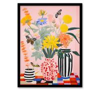 Artery8 Wall Art Print Butterflies & Spring Wildflowers in Vases Bright Bouquets Framed Art | Size: A4 Artery8 Multicolor A4