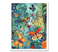 Artery8 Wall Art Print Butterfly Insects in Flower Field Modern Folk Art Framed in White | Size: W12" x H16" Artery8 White W12" x H16"