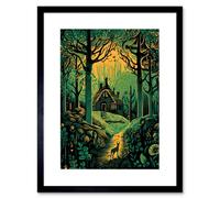 Artery8 Wall Art Print Cabin Hut In The Forest Green And Orange Linocut Artwork Framed 9X7 Inch